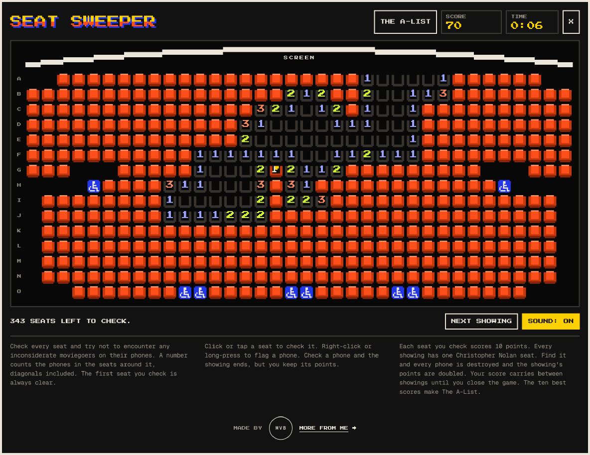 The Seat Sweeper window with a showing in play: the title, The A-List button, score and time, a curved screen over fifteen rows of orange seats, part of the house open with numbers on the seats that border phones, one seat flagged, and the rules underneath.