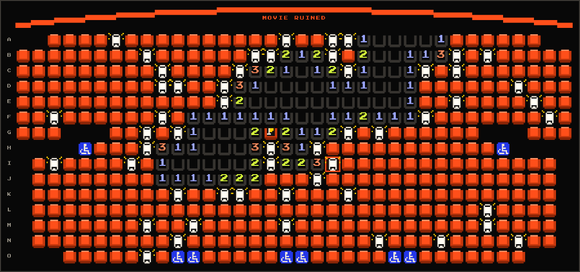 The house after a phone is checked: the screen turns orange and reads Movie Ruined, and every phone in the house is shown, lit.