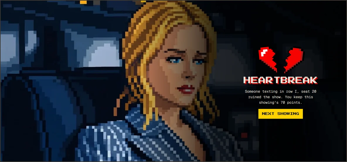 The Heartbreak screen: a pixel portrait of a blonde woman in a pinstripe suit in a theater seat, looking down, beside a broken red heart, the word Heartbreak and a Next Showing button.