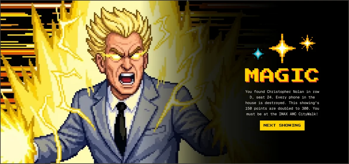 The Magic screen: a pixel portrait of a man in a gray suit with glowing eyes and gold hair, surrounded by lightning, beside three sparkles, the word Magic, a card that begins You found Christopher Nolan, and a Next Showing button.