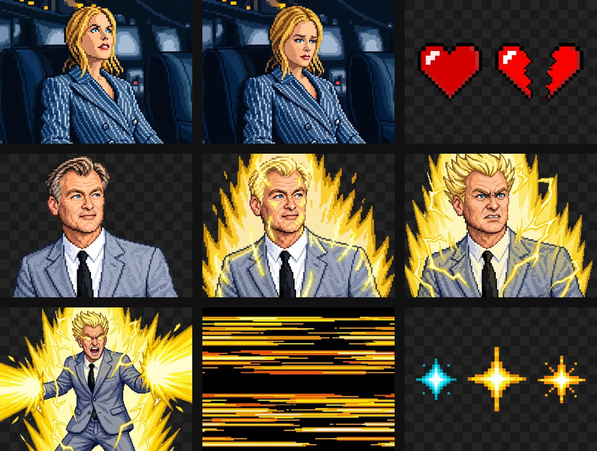 The cutout pictures used in the two end screens, on a transparency grid: the woman looking up and looking down, a whole heart and its two halves, the Christopher Nolan character in four stages from calm to the blast, a frame of speed lines, and three sparkles.